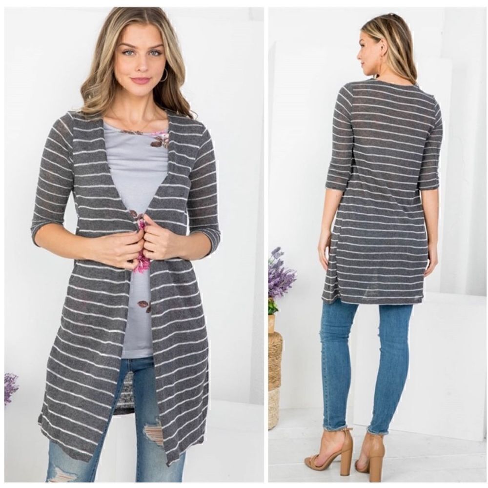 Oddy Lavender Gray Striped 2in1 Floral Open Front 3/4in sleeve Cardigan -S/M NWT